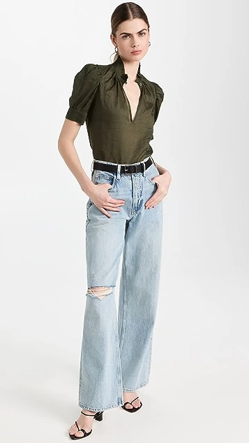 FRAME Deep V Ruffle Collar Top - Image 5